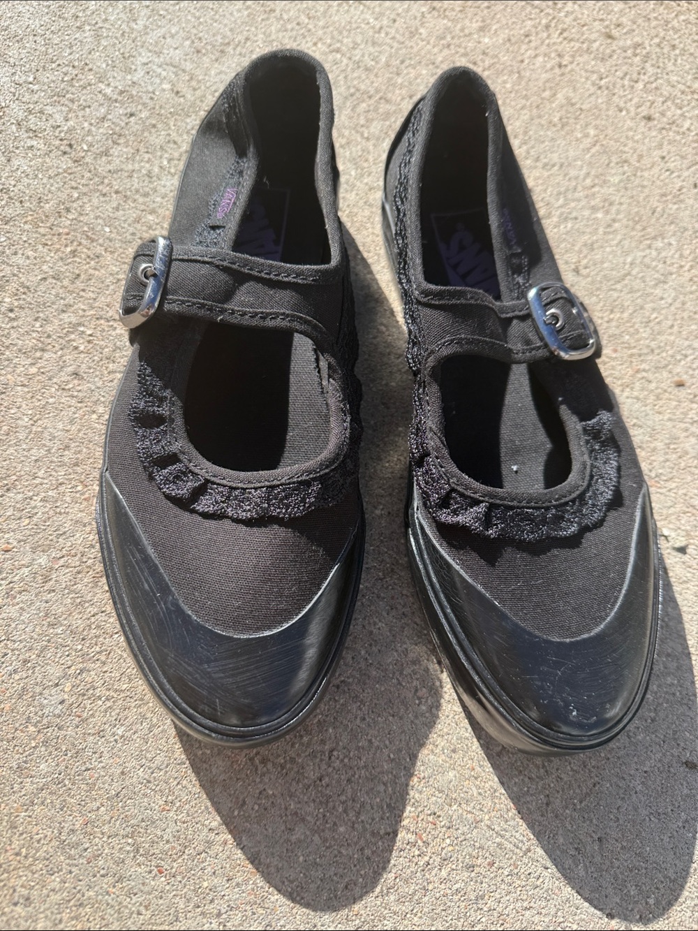 Vans Black Mary Jane Canvas Flats with Ruffle Trim and Buckle